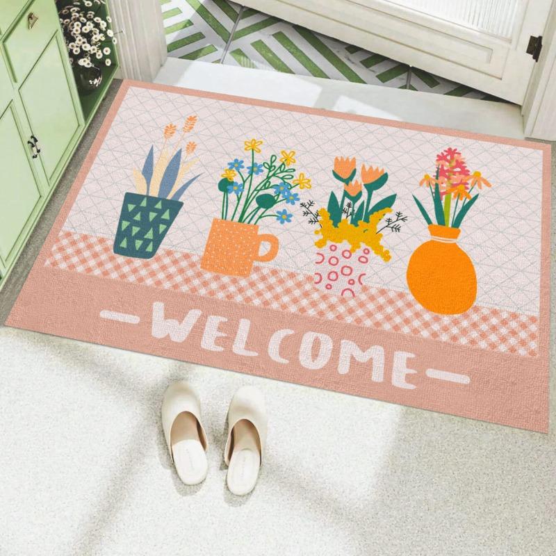 Creative Small Fresh Cactus Plant Print Welcome Door Mat Square Cuttable Fluffy Carpet Rug Non-slip Entrance Mat for Home Decor