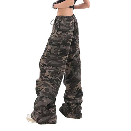 Women Cargo Pants Elastic High Waist Adjustable Drawstring Casual Trousers Camouflage Print Loose