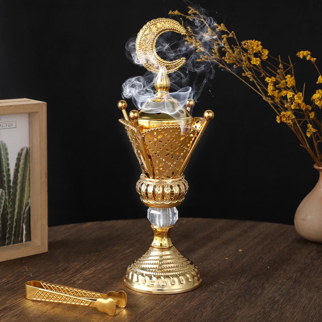 Arabic Style Golden Iron Incense Burner with Lid Traditional Bakhoor Censer for Charcoal Aromatherapy Home Decor