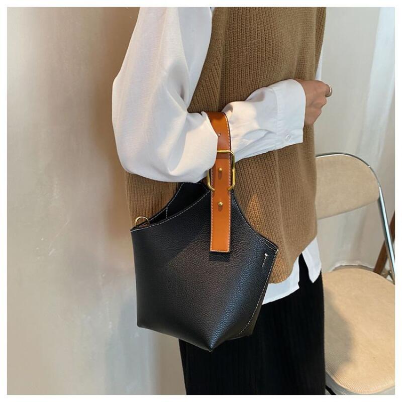 High Capacity Contrast Color Bucket Shoulder Bags  New Women's Basket Top Handle Bags Casual Commuter PU Leather Handbags