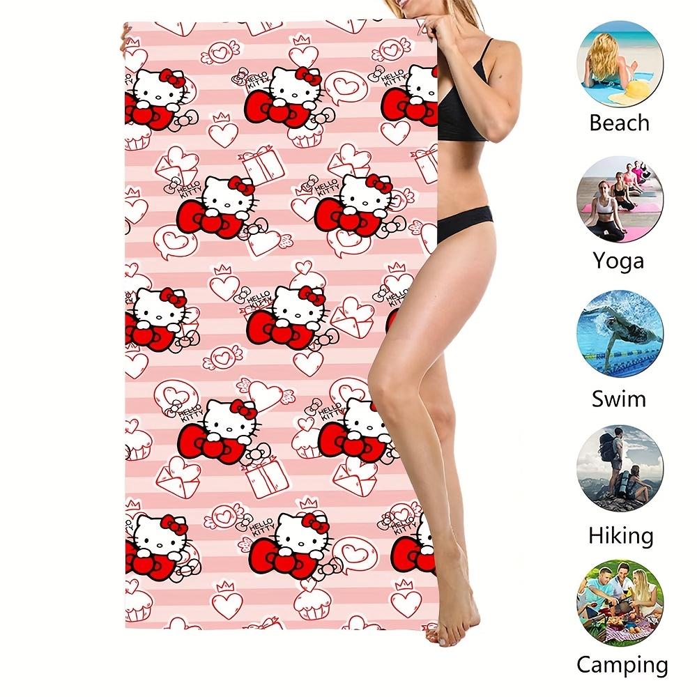 1pc Sanrio Hello Kitty Pink Stripe Print Beach Towel Polyester Quick Dry Lightweight Soft Towel for Swimming Surfing Camping Tra