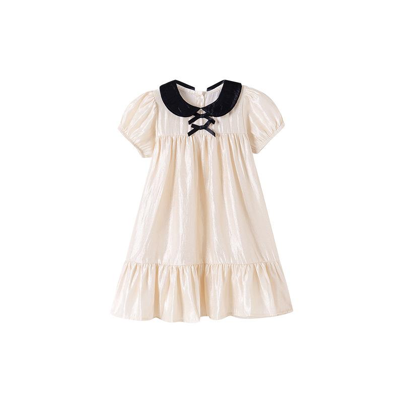 Niedliche Kinderkleidung Kinder Beige Peter Pan Kragen Kleid Sommer Puffärmel Mädchen Modisches Prinzessin Auftrittskleid