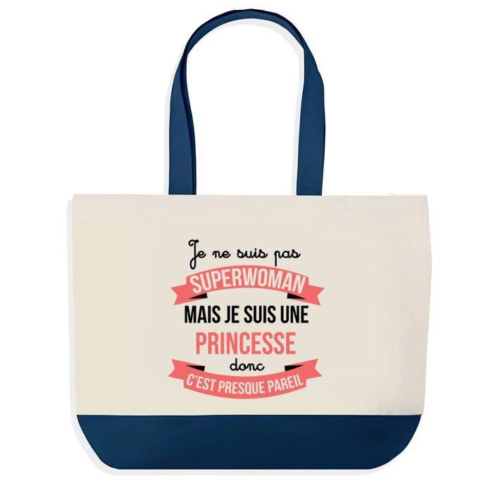 Sac cabas - PLANETEE - Princesse Superwoman - fond bleu - coton 40x45 cm - fabriqué en France
