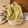 Retro Embroidered Floral Top Frog Button Ethnic Style Top Short Sleeved Shirts  Spring/Summer
