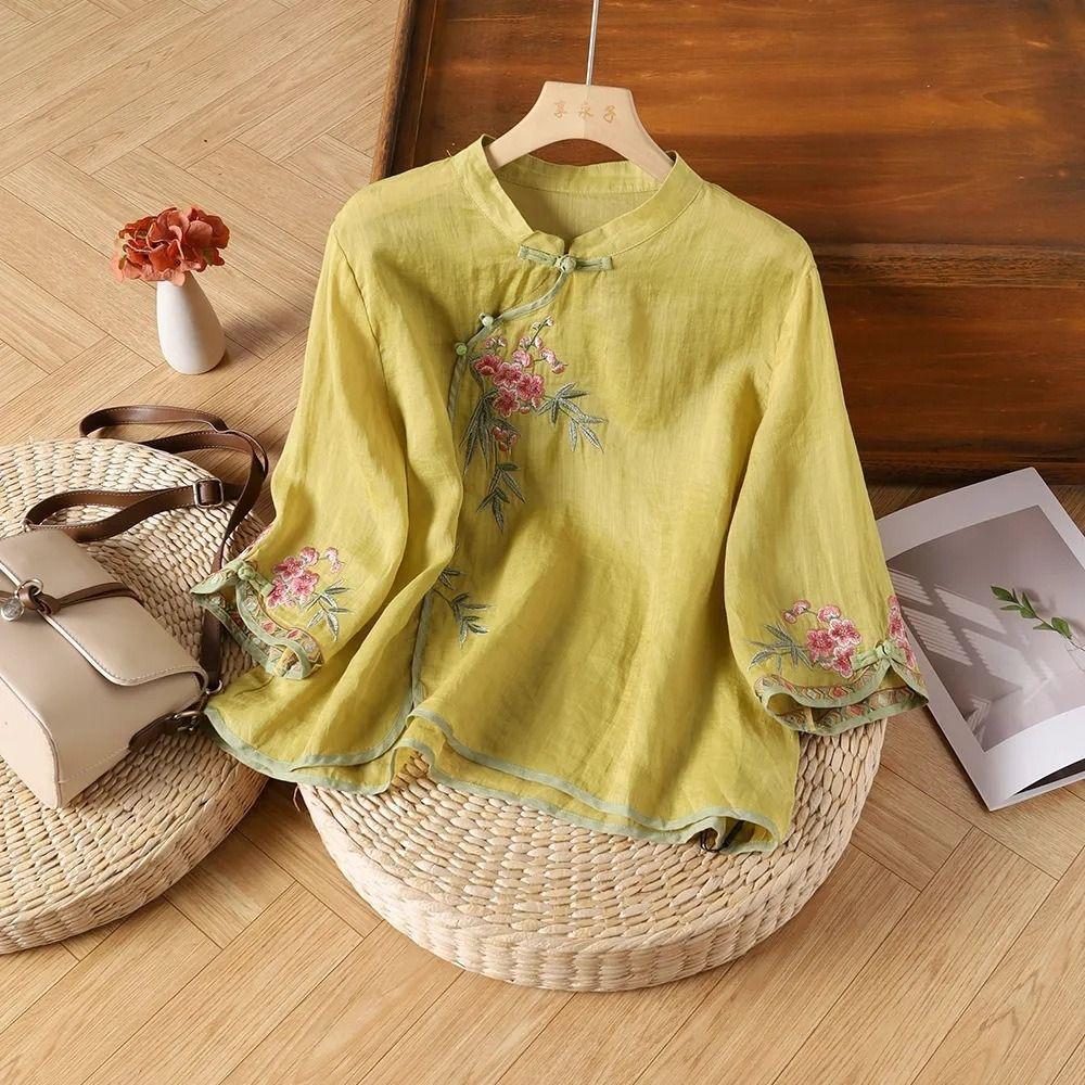 Retro Embroidered Floral Top Frog Button Ethnic Style Top Short Sleeved Shirts  Spring/Summer