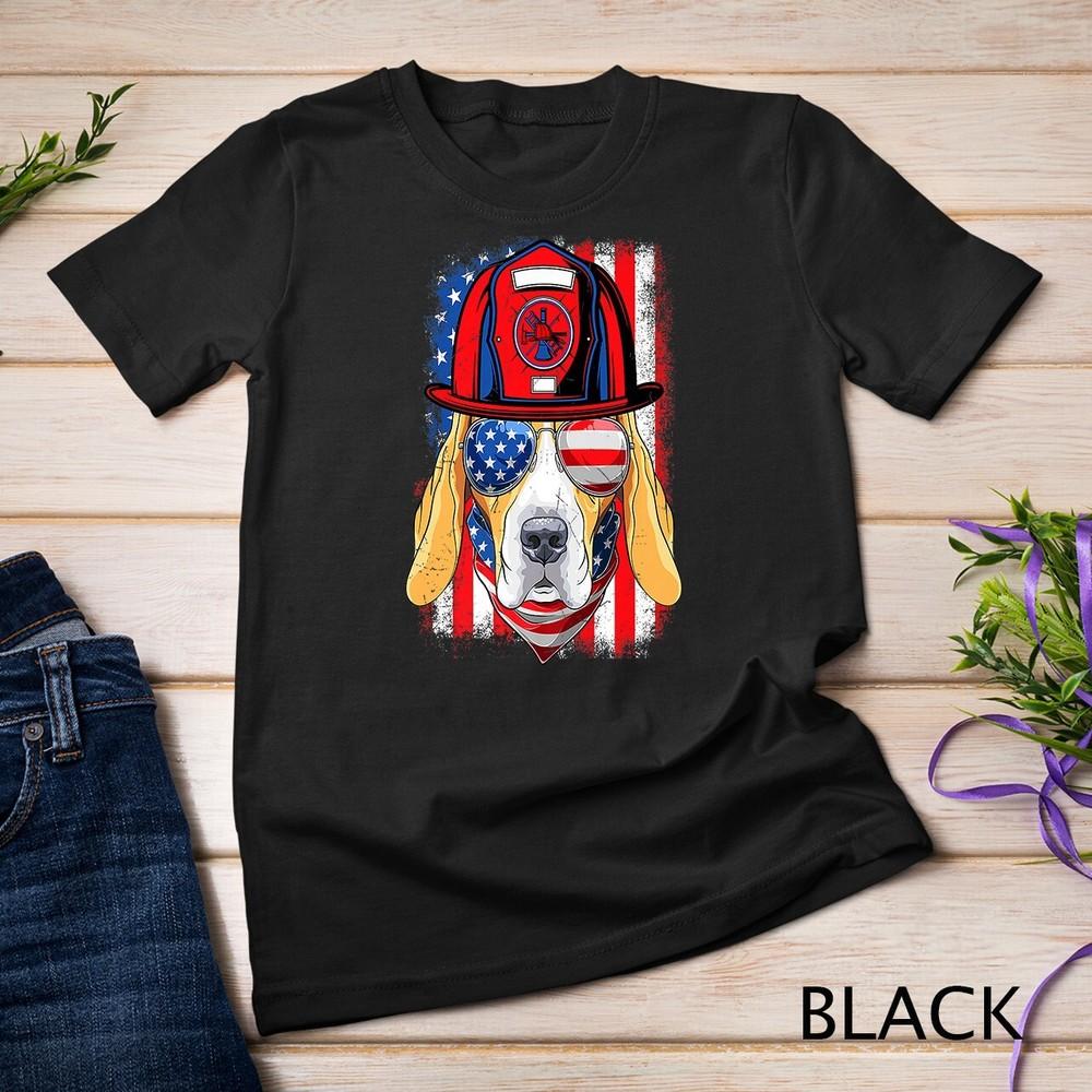 Funny Patriotic Beagle Dog Firefighter USA Flag 4th Of July Unisex T-shirt