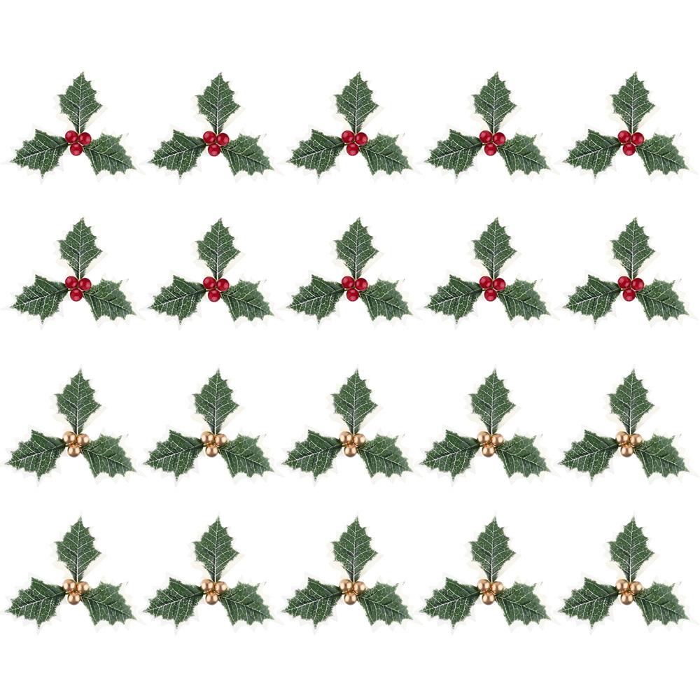 20pcs Holly Berry Stems with Leaves Artificial Holly Leaves and Berries for Christmas Arrangement Craft Wedding Party Home Decor