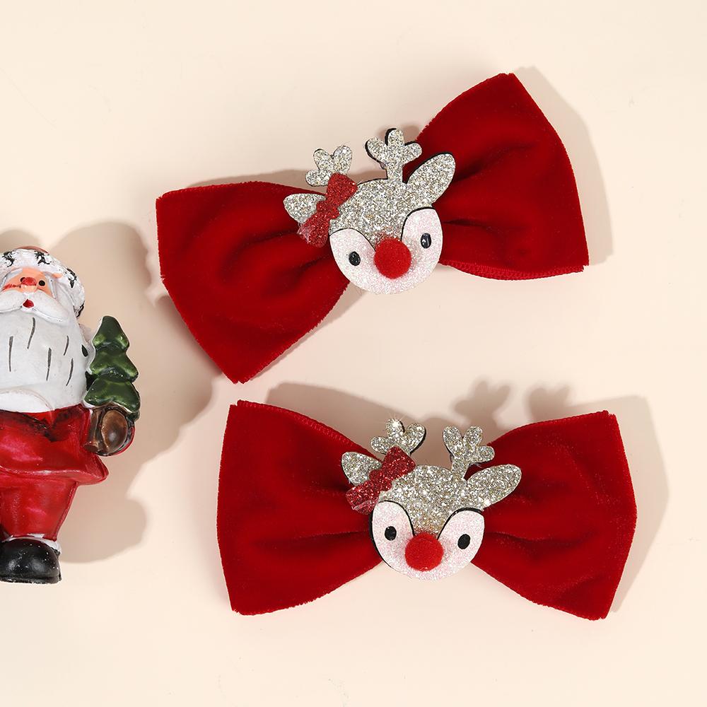 2Pcs Christmas Glitter Reindeer Bow Hair Clips for Girls Cute Soft Red Velvet Hairpins Festive Christmas Hair Accessories Gifts
