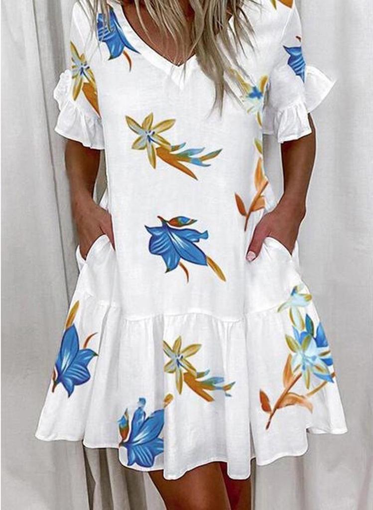 2025 European and American Women's Ruffle Pocket Printed Dress