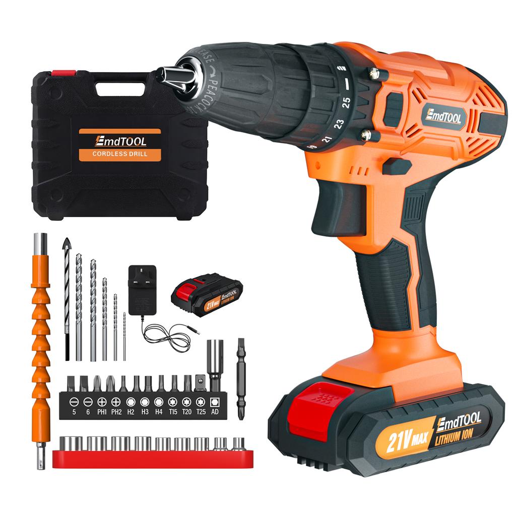 EMDTOOL Cordless Drill Driver 21V Battery Drill Set Electric Screwdriver Set, 25+1 Torque Setting, 2 Speed, LED Light for Home