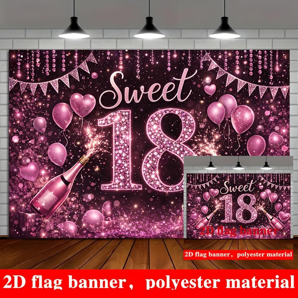 Sweet 18 Birthday Banner Backdrop Purple Glitter Balloons Champagne Hearts