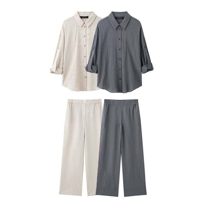 Kaslead New Women Clothes Western Style Short Sleeve Stripe Shirts Casual Trousers 9064550 8277550