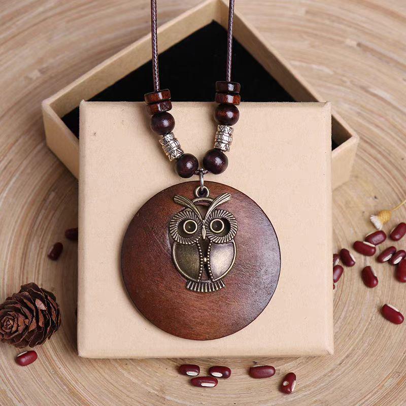 Retro Leather Rope Necklace with Wooden Alloy Pendant for Cotton and Linen Sweaters