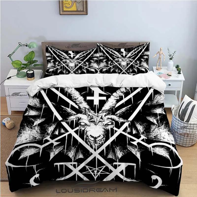 Horror House Duvet Cover Set Art Pentagram Goat Skull Devil Dream Hooded Exorcist Image Decorative Bedding SetKing Size Blue
