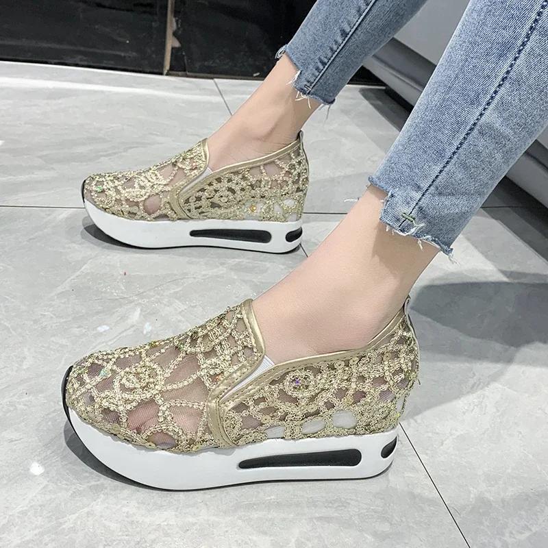 Women Sneakers 2024 Platform Wedge Embroidery Mesh Sneakers Women Slip On Casual Comfy Heeled Shoes for Women Zapatos De Mujer