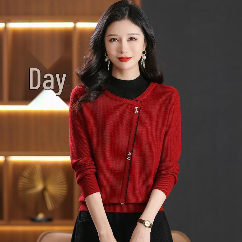 Snowflying Faux Two-Piece Half-High Collar Knitted Sweater L