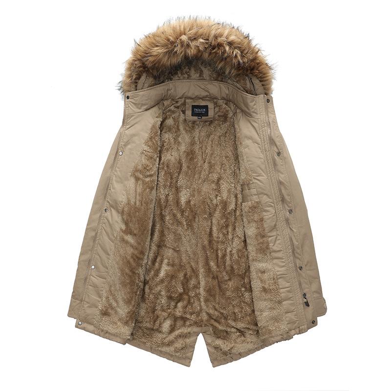 Winter Solid Color Velvet Mid-length Men's Washed Cotton Coat with Hooded Fur Collar and Detachable Multi-pocket Cotton Coat