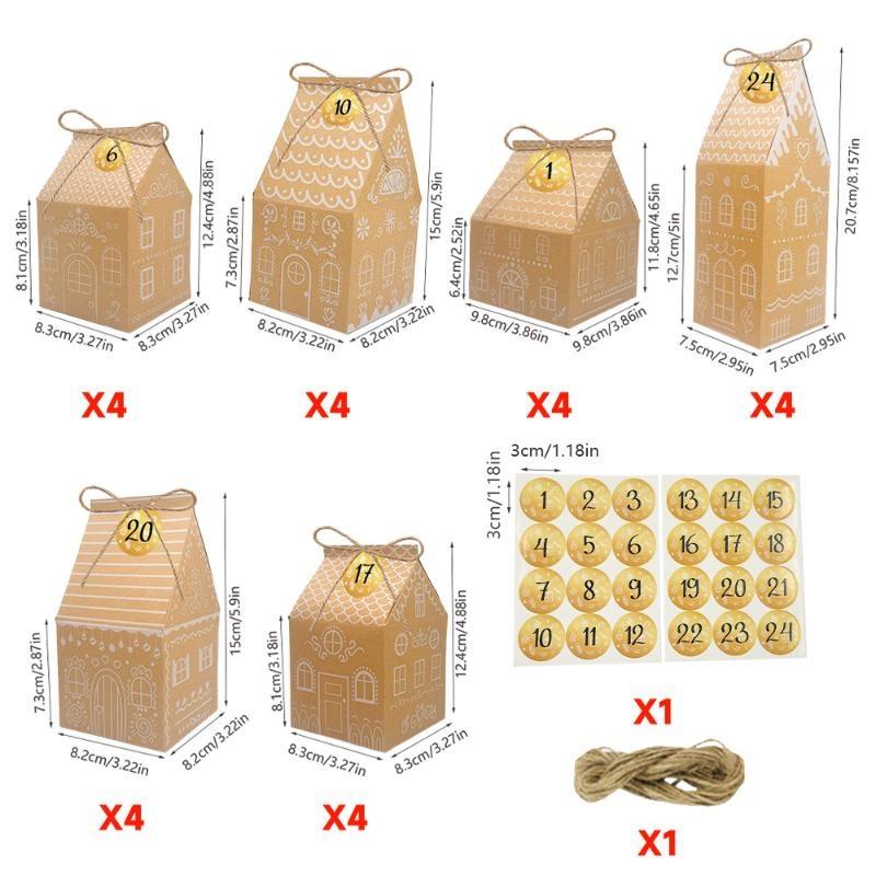 24Pcs Kraft Paper House Shaped Gift Box Christmas 24-Hour Countdown Candy Gingerbread Packaging Box Christmas Advent Calendar