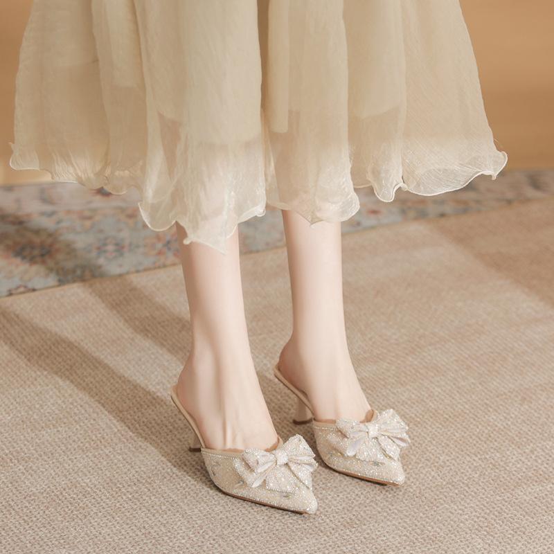 6658-22 Pointed Thin Heels High Heels 2025 New Summer Fashion Versatile Rhinestone Rear Empty Sandals
