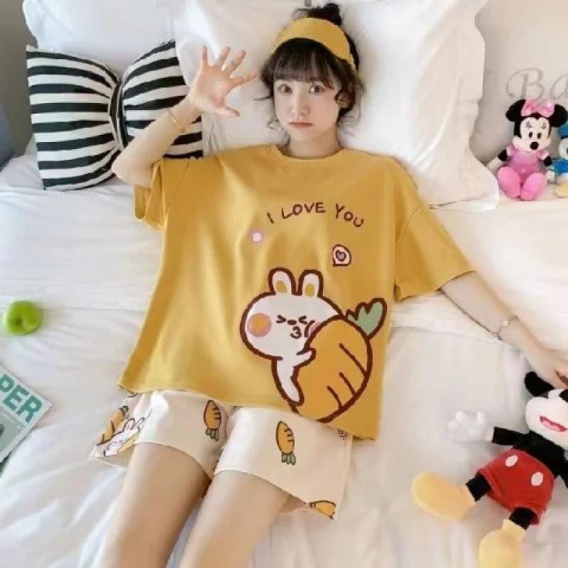Summer Shorts Set Women's Pajamas Set Cute Cartoon Print Leisure Young Girls Sleepwear Short Sleeve Tops and Shorts Pijamas Women Homewear