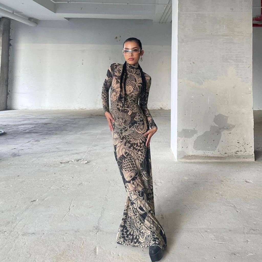Women's Dress Mesh See-through High Collar Slim Fit Dress