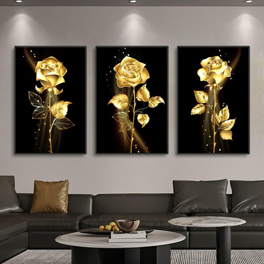 3 Stück Gold Rose Blume Schwarze Leinwandbilder Nordisch Modern Wohnzimmer Wandkunst Dekorative Bilder Wandkunst Poster Drucke