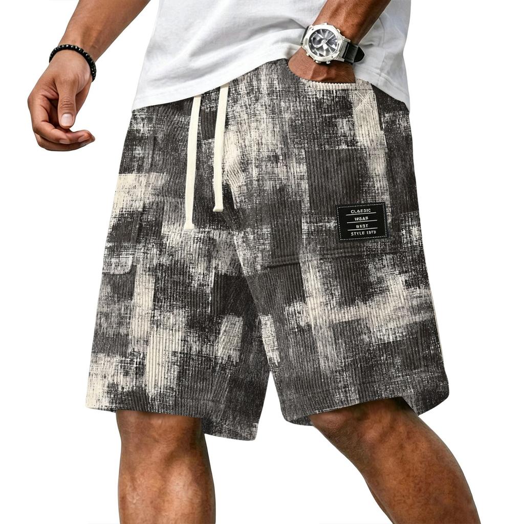 Men Casual Corduroy Drawstring Shorts Gradient Pattern Elastic Waistband Comfortable Fit Suitable for Everyday Wear