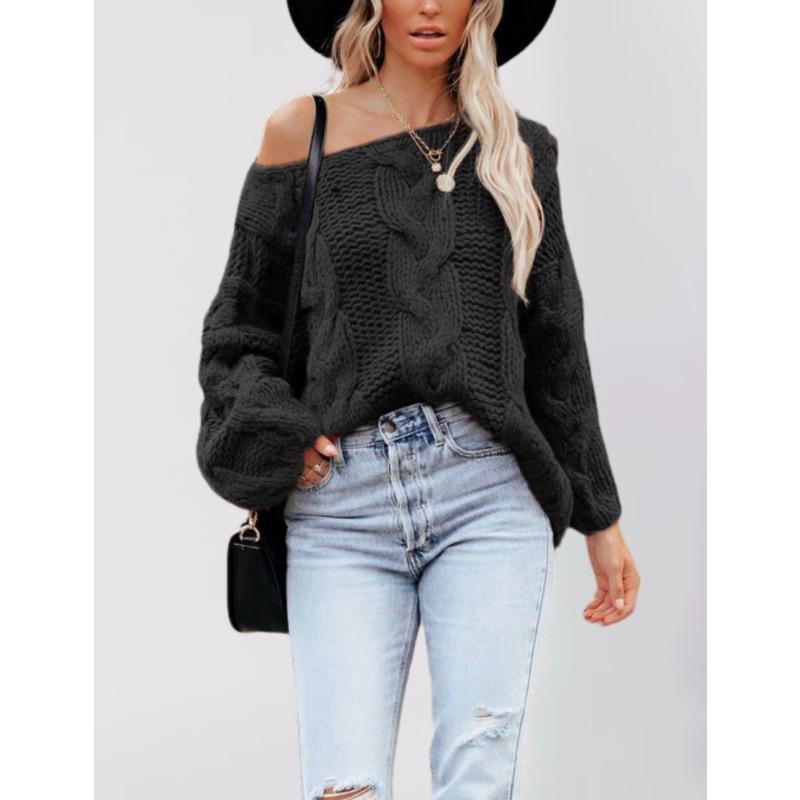 Autumn and Winter New Street Style One-word Collar Twist Pullover Loose Large Size Sweater Women
