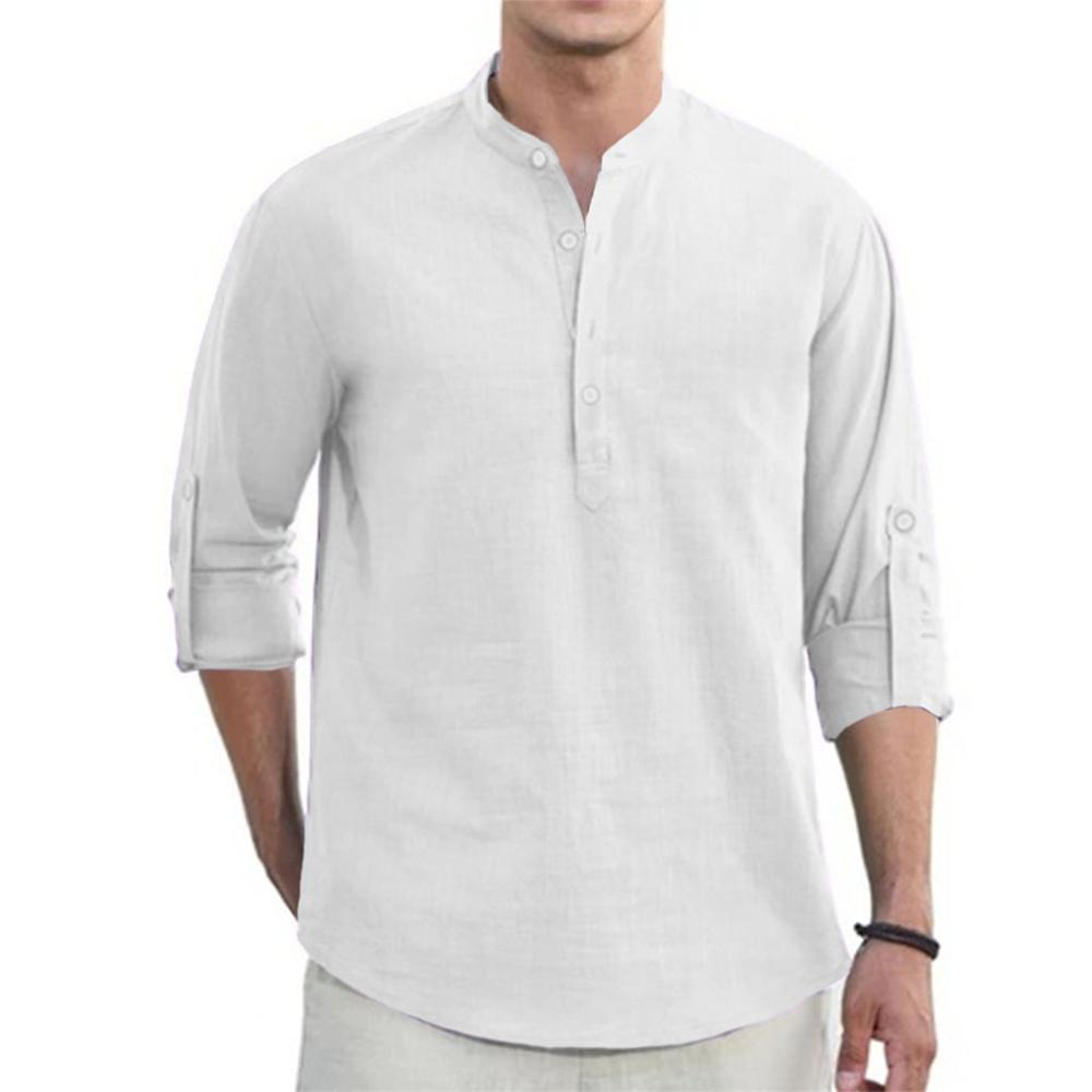 

Весенне-осенняя хлопково-льняная футболка для мужчин, однотонная, с длинным рукавом, с вырезом хенли, дышащая, легкая, мужской повседневный топ на пуговицах XXXL белый