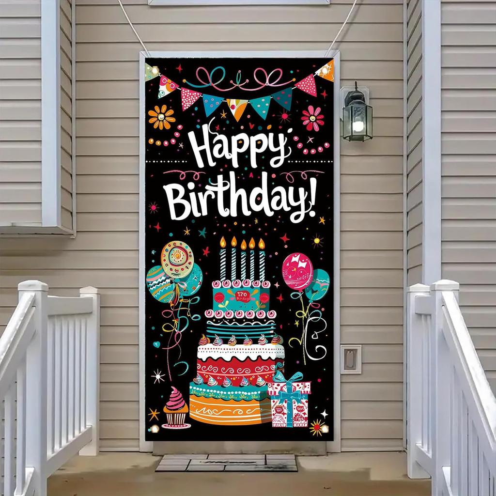Birthday Door Cover Banner Colorful Cake Balloon Banner Party Decoration Hanging Backdrop for Kids Adults Birthday Celebration Entrance Photography