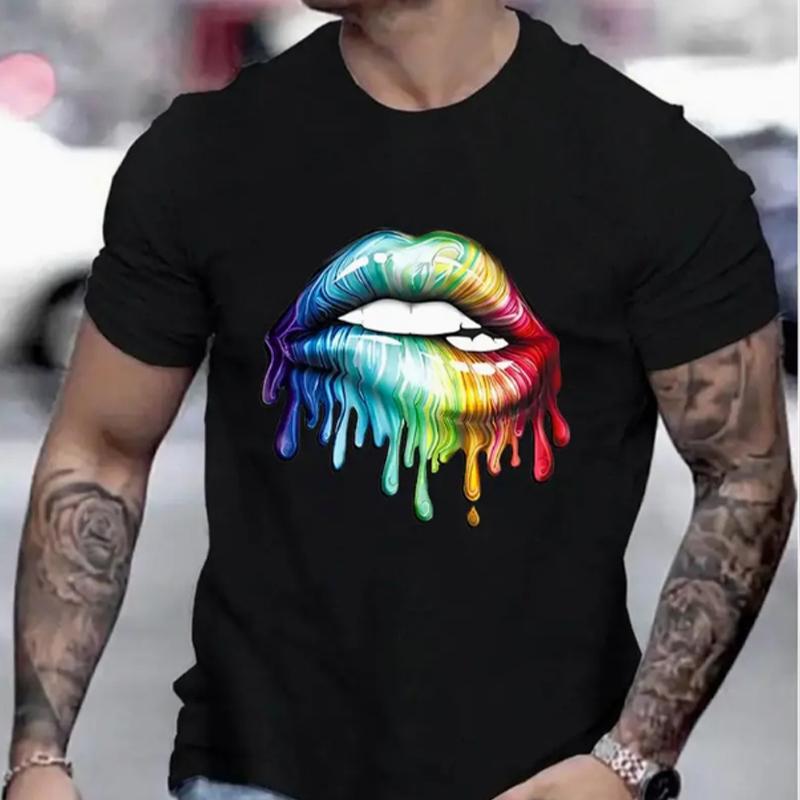 New Summer Men's Fashion T-shirt Personality Painted Lips Printed Men's T-shirt Top