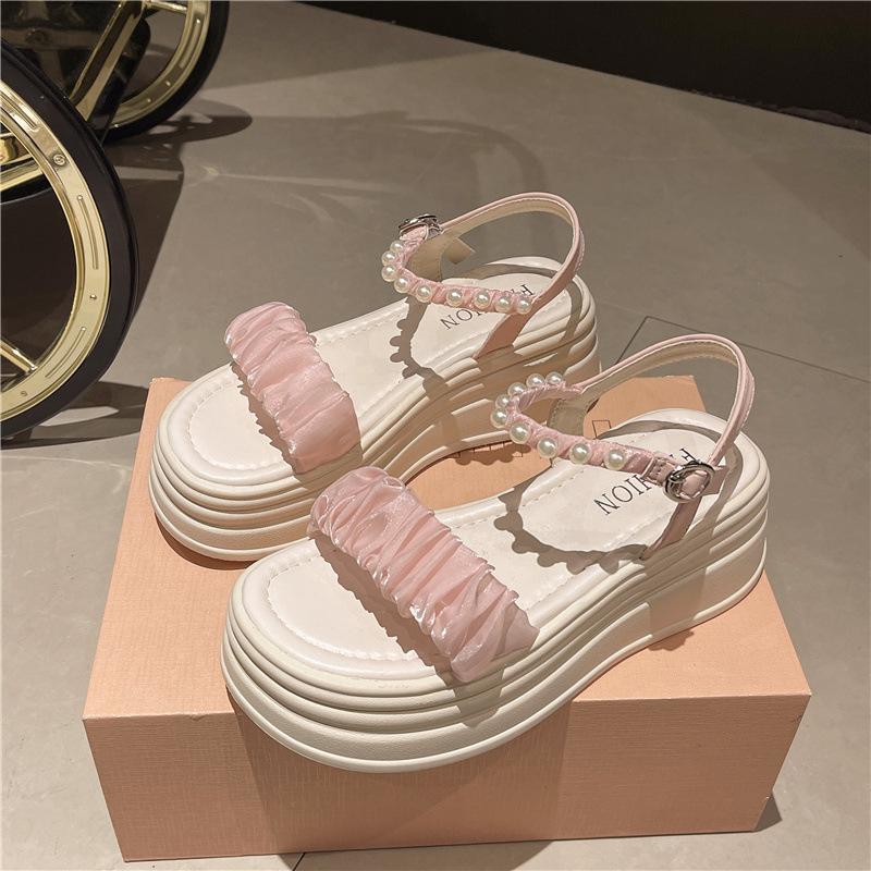 Fashion Sweet Pearl Platform Sandals Women's 2025 New Korean Version One-word Strap Flat Women's Shoes Comfortable Beach Shoes