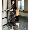 Korean Black Floral Dress Women's Summer Bubble Sleeves Waist Thin Gentle Wind French Retro Japanese Versatile Long Dress