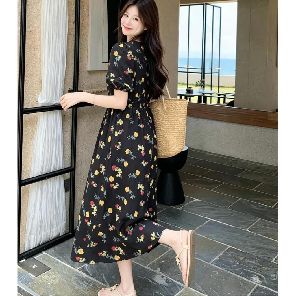Korean Black Floral Dress Women's Summer Bubble Sleeves Waist Thin Gentle Wind French Retro Japanese Versatile Long Dress