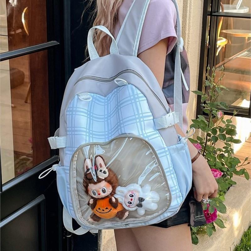 Color Block Plaid Backpack Women Large Capacity Anime Detachable 2 Way Doll Bag Ita Bag Ladies Sweet Multifunctional Daypack New