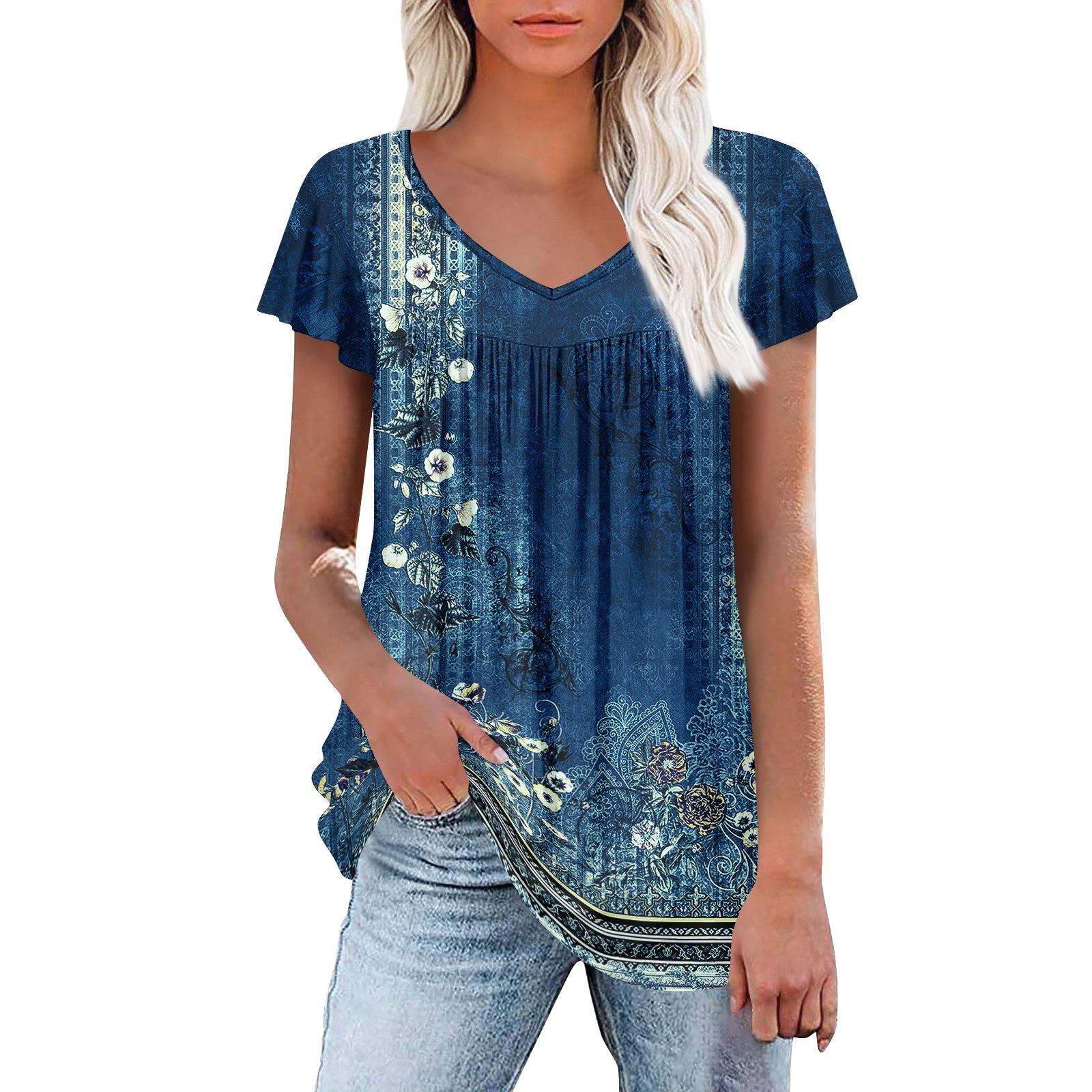 

Женские туники, элегантные повседневные летние рубашки с коротким рукавом, цветочные свободные плиссированные топы в стиле бохо XL