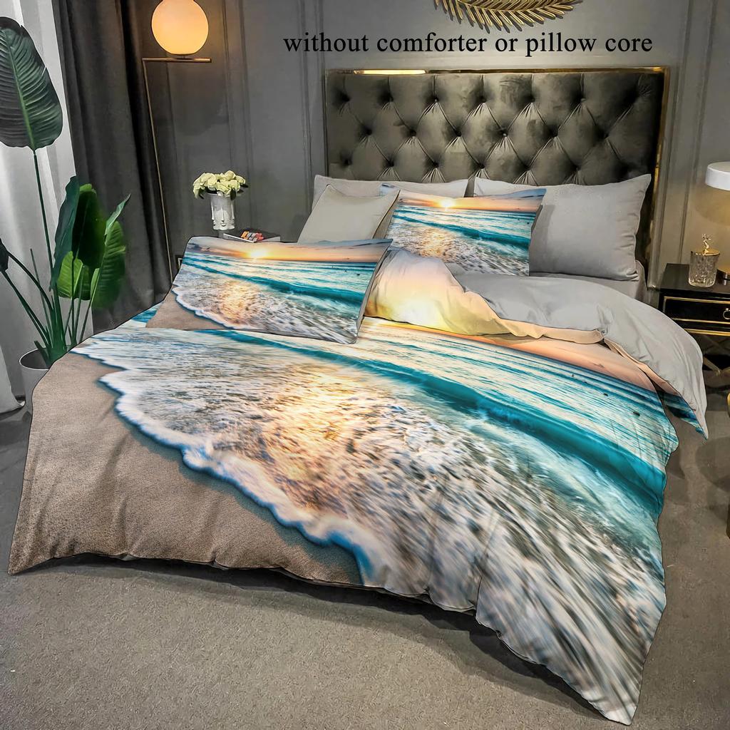 Summer Beach Sunset 3D Art Duvet Cover Set, Breathable Polyester, Zip Closure, Machine Washable - Perfect for All Seasons
