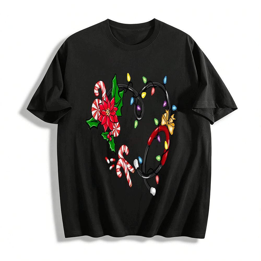 Christmas Medical Stethoscope Festive Print Casual Top Pure cotton T-shirt XXS