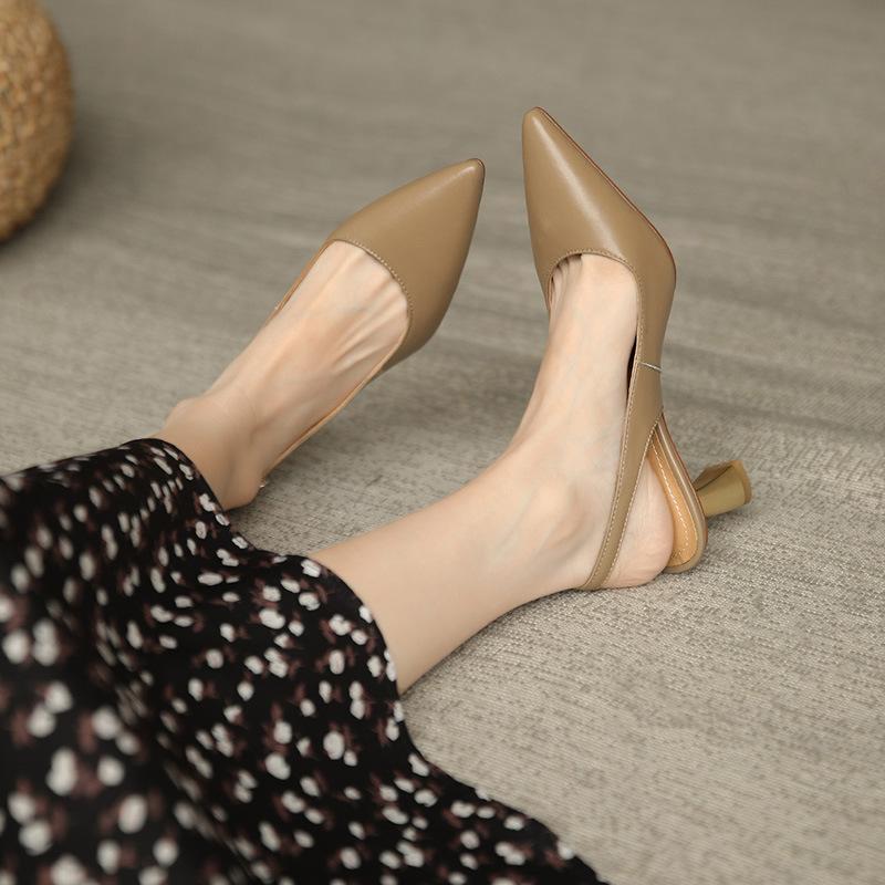 New retro pointed high heels beige bag head sandals women's stiletto middle heel empty single shoes