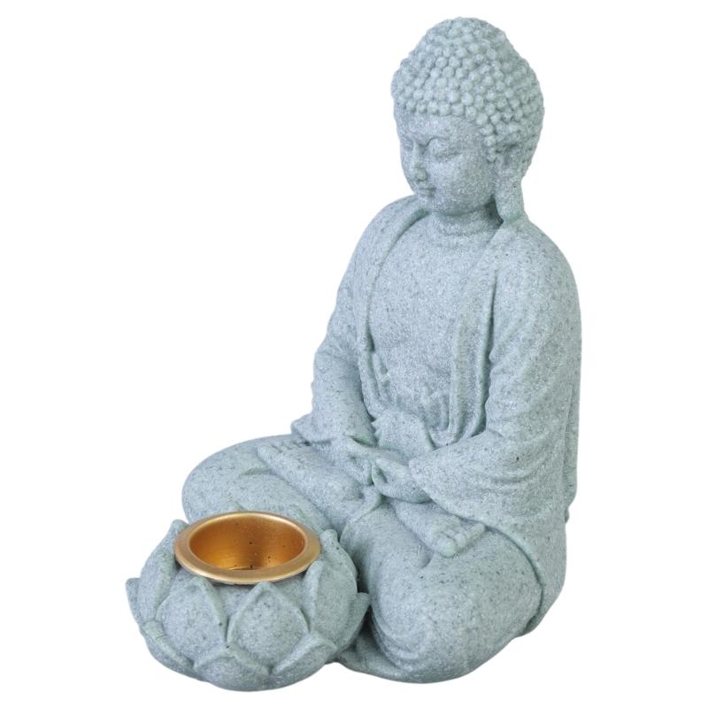 Peaceful Buddhas Stone Sculpture with Tealight Candle Incenses Holder Meditation Sitting Buddhas Statue Figurine Decors