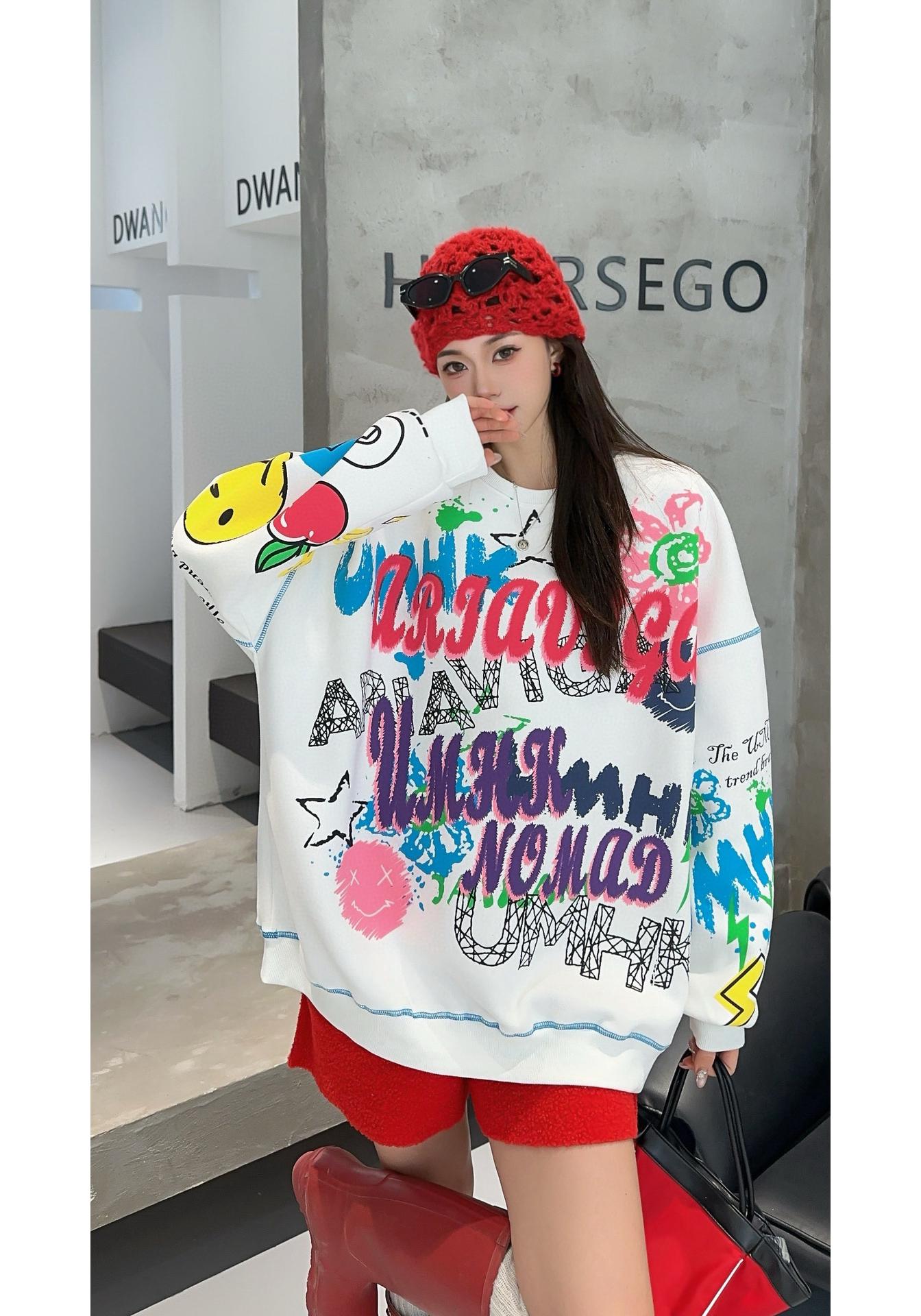 

Women s Plus Size Trendy Spring Print Round Neck Casual Sweatshirt One Size Without Fleece белый