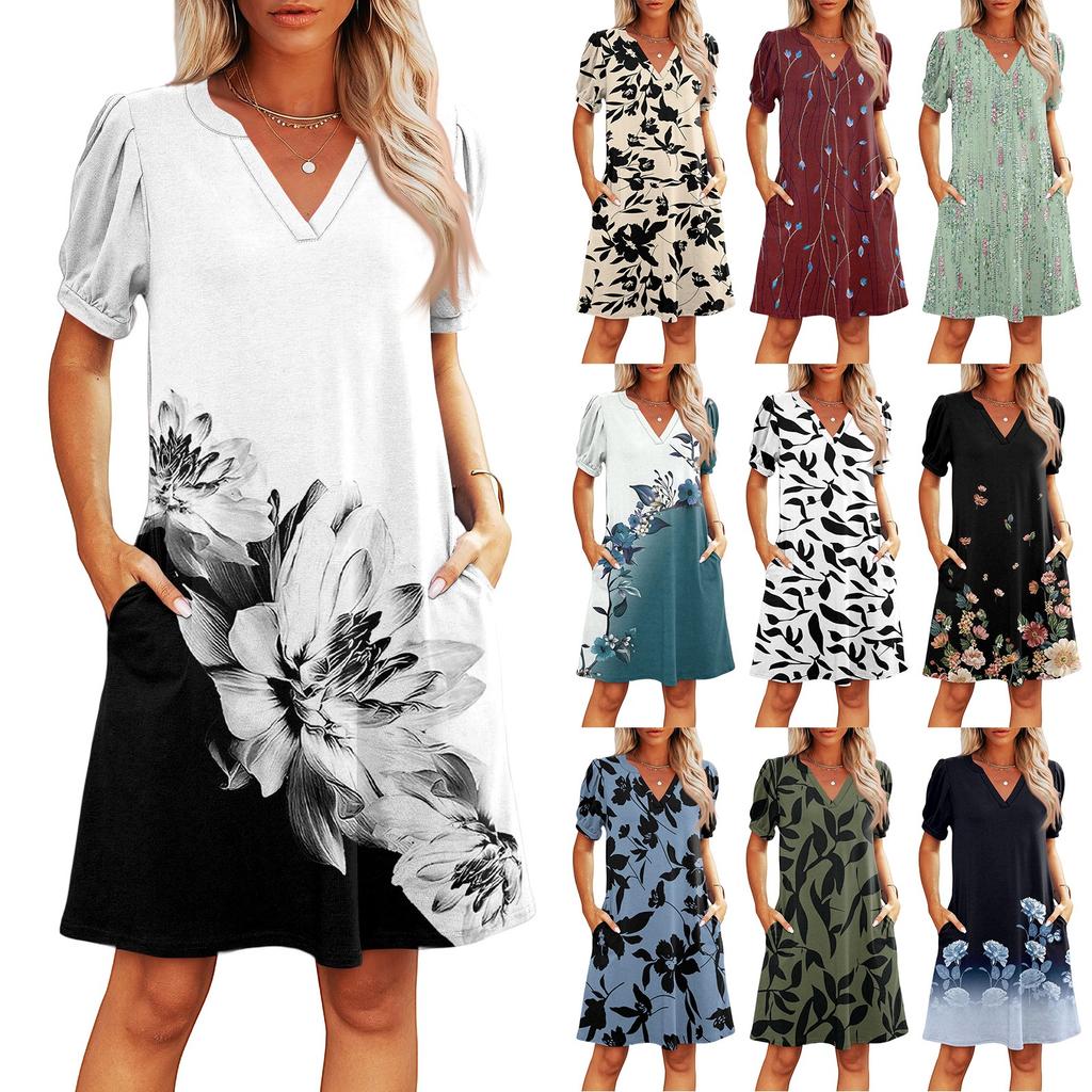 Women's Summer V-Neck Casual Beach Dresses Pod Short Sleeve Vintage Floral Print Dresses