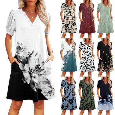 Robes d'été pour femmes à col en V, décontractées, de plage, à manches courtes, robes vintage à imprimé floral