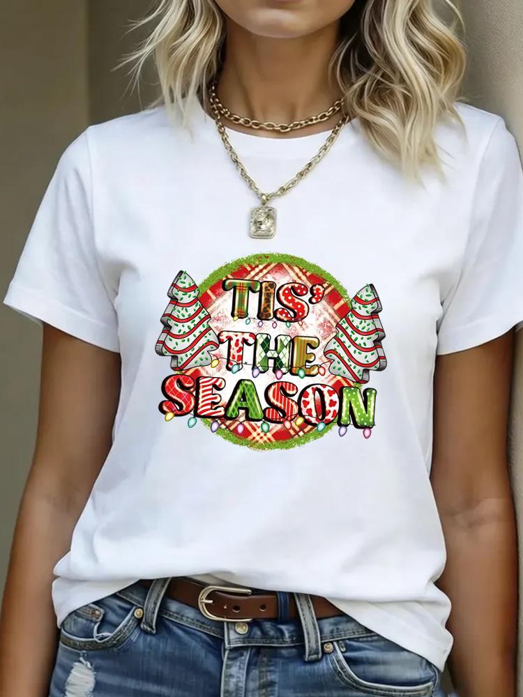 (Asian Size) T Shirt Print Casual New Year Short Sleeve T-shirts leopard Merry Christmas Fashion Women's Top O-neck Clothing Graphic Tee