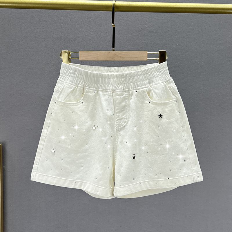 

European Goods Denim Shorts Elastic-Waist High Waist Wide-Leg Hot Drilling White EUR28
