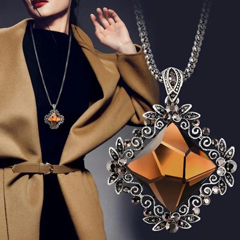 Long Necklaces & Pendants Vinatge Blue Square Necklace for Women Fashion Collier Femme