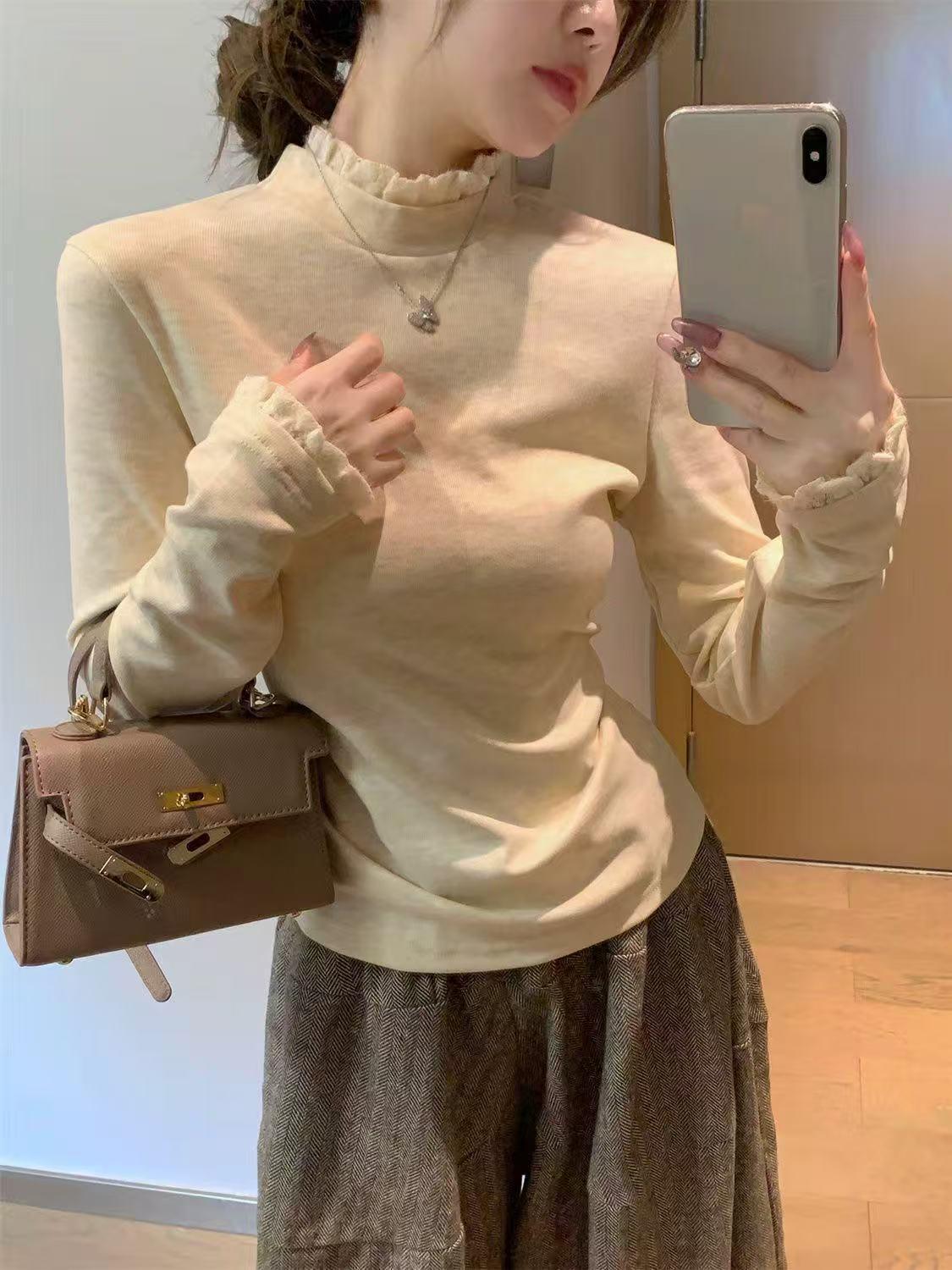 

Женская футболка с высоким воротником и длинным рукавом, отделанная кружевом - Тренд Осенне-Зимней Коллекции 2025, Базовый Топ Double Extra Large