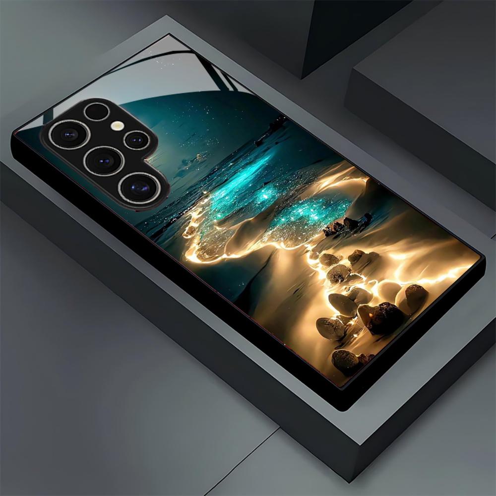 Pakrantės vaizdas stiklinis telefono dėklas, skirtas Samsung Galaxy S26 S25 S24 S22 S23 Ultra S21 S20 Plus 5G, neslystantis, pilnas dangtelis