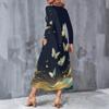 Women Plus Size Long Sleeve V Neck Dark Blue Butterfly Floral Printed A Line Midi Dress With Pockets