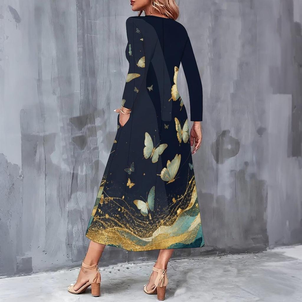 Women Plus Size Long Sleeve V Neck Dark Blue Butterfly Floral Printed A Line Midi Dress With Pockets
